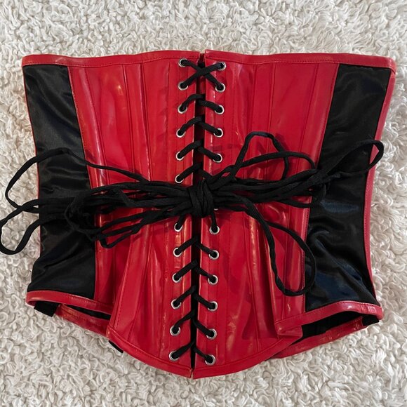 Red & Black PVC Vinyl & Satin Underbust Corset - Picture 2 of 13